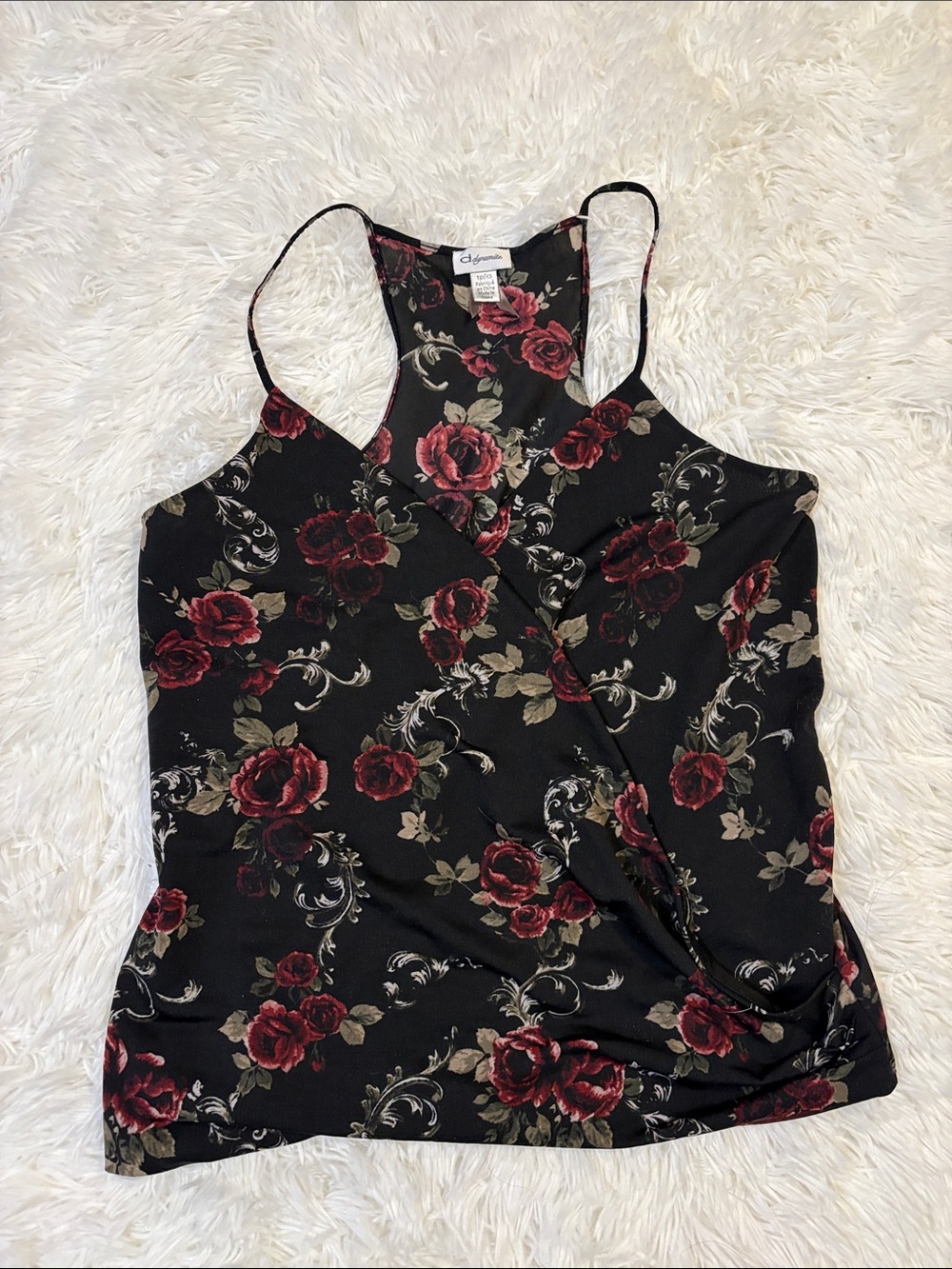 Dynamite Floral Faux-Wrap Camisole with Red Rose Print